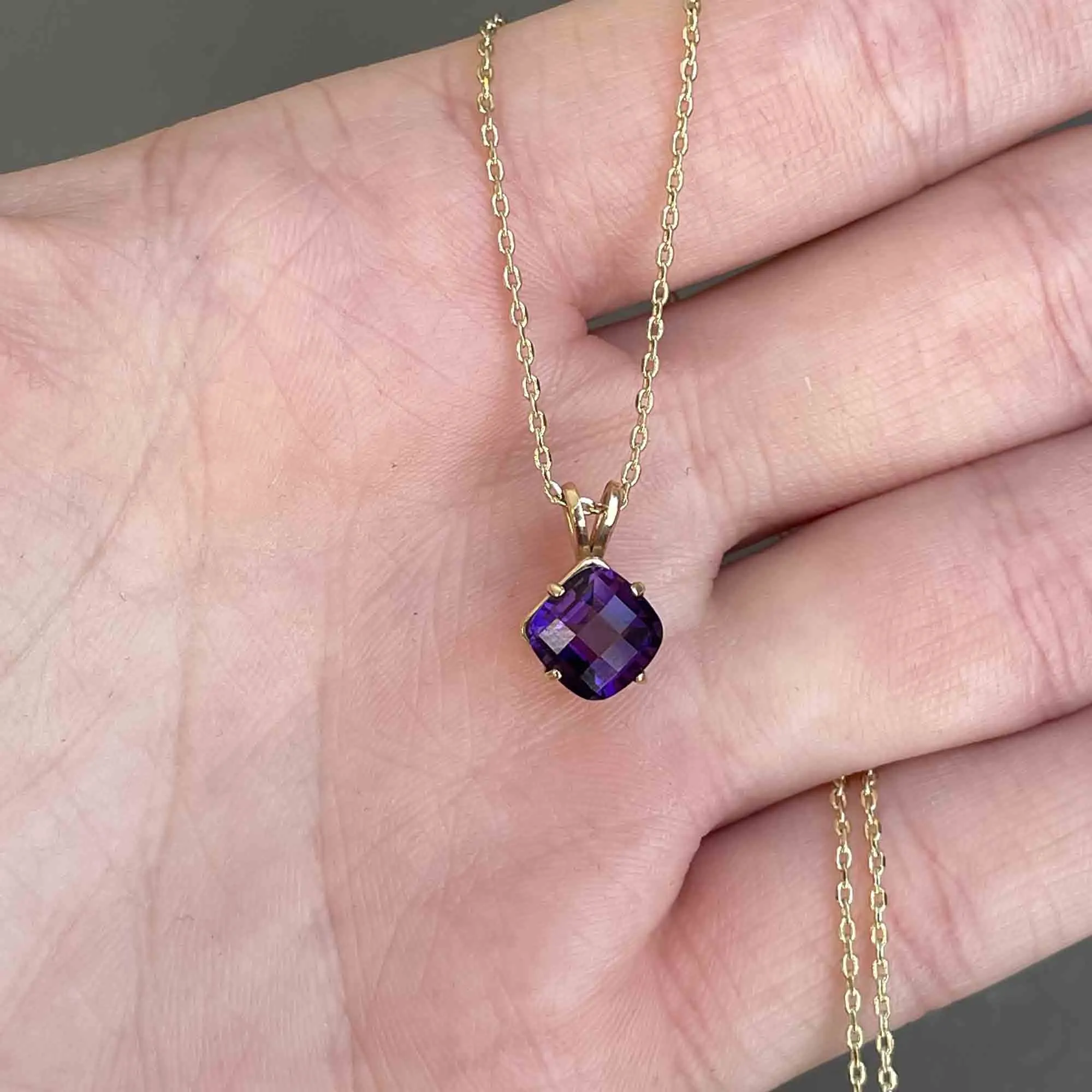 14K Gold Checkerboard Amethyst Pendant Necklace