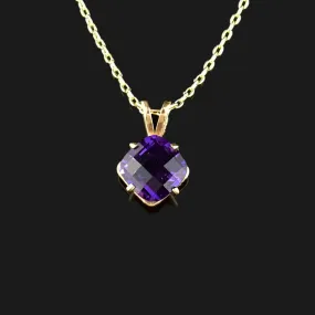 14K Gold Checkerboard Amethyst Pendant Necklace