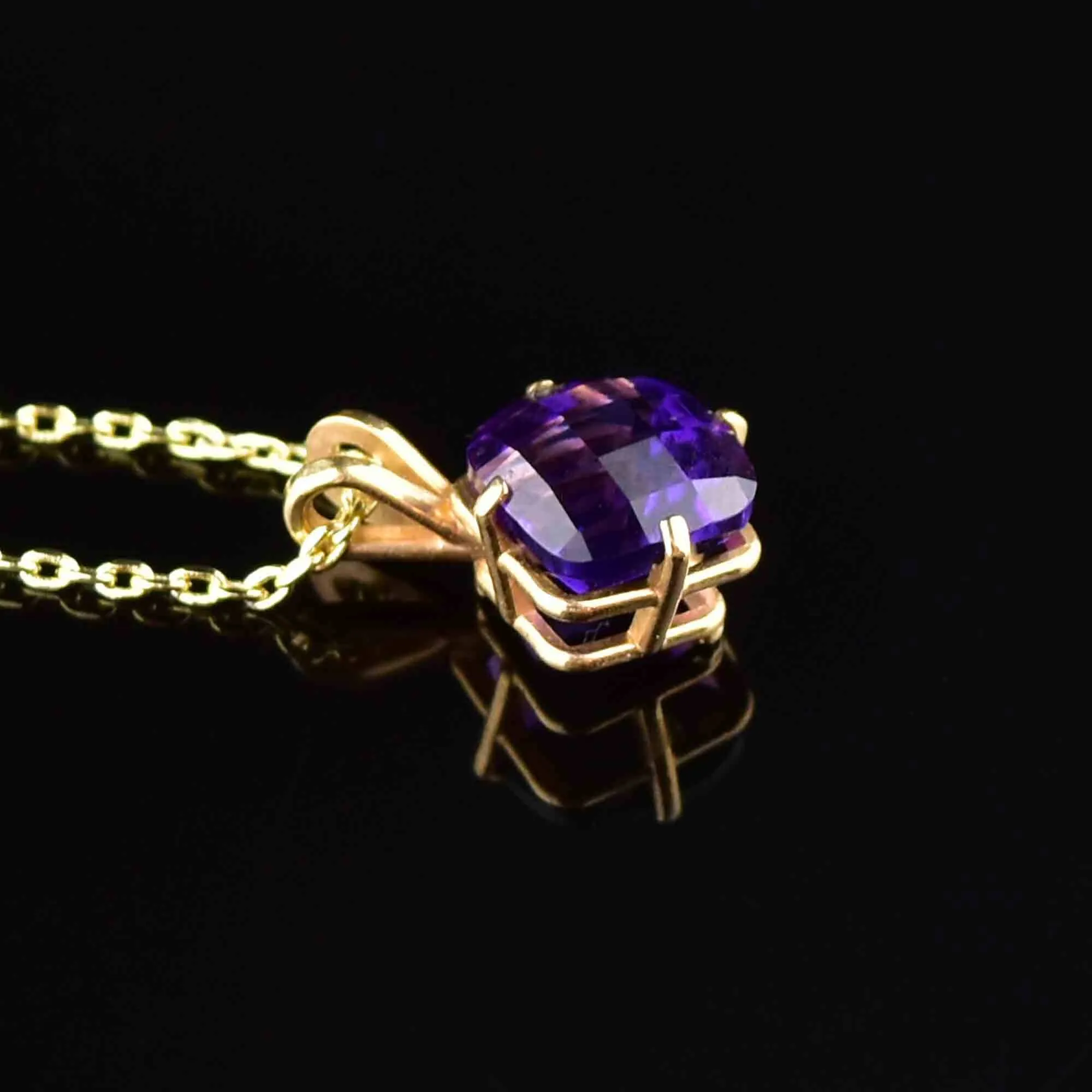 14K Gold Checkerboard Amethyst Pendant Necklace