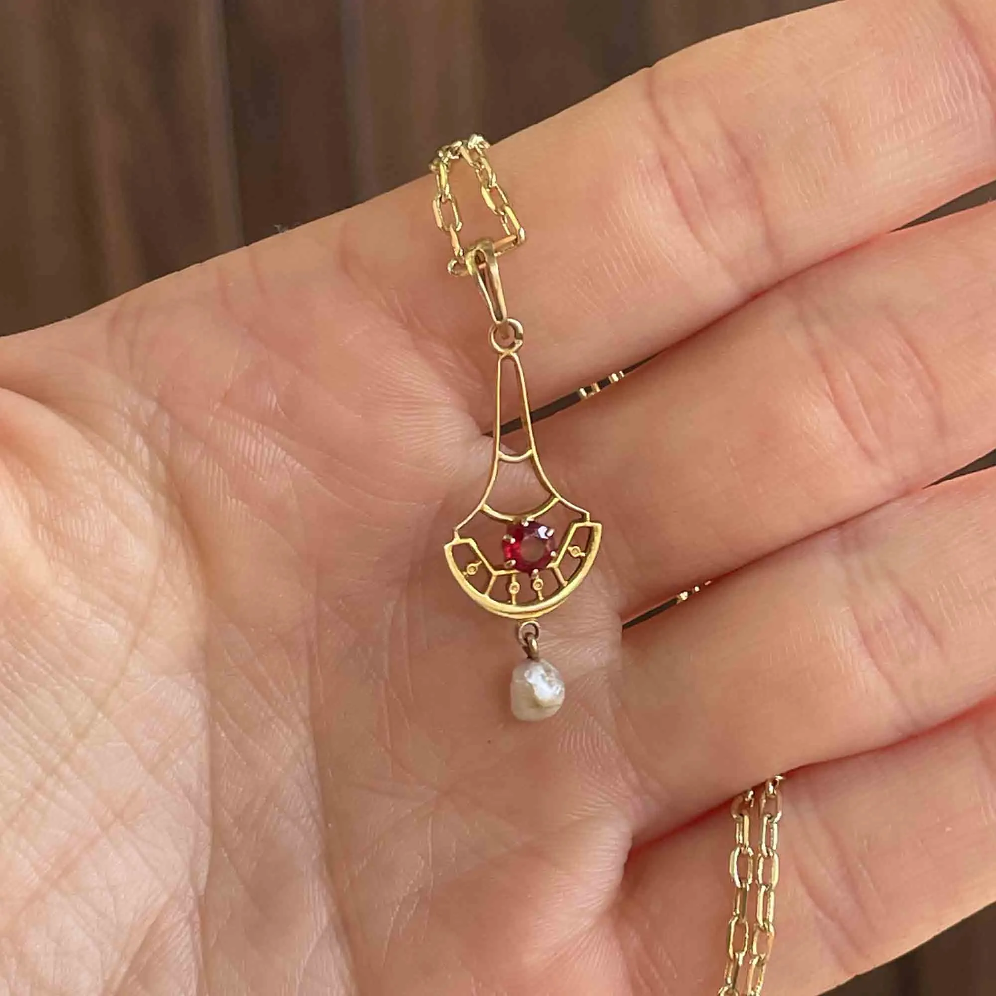 Antique 10K Gold Garnet Seed Pearl Lavalier Pendant Necklace