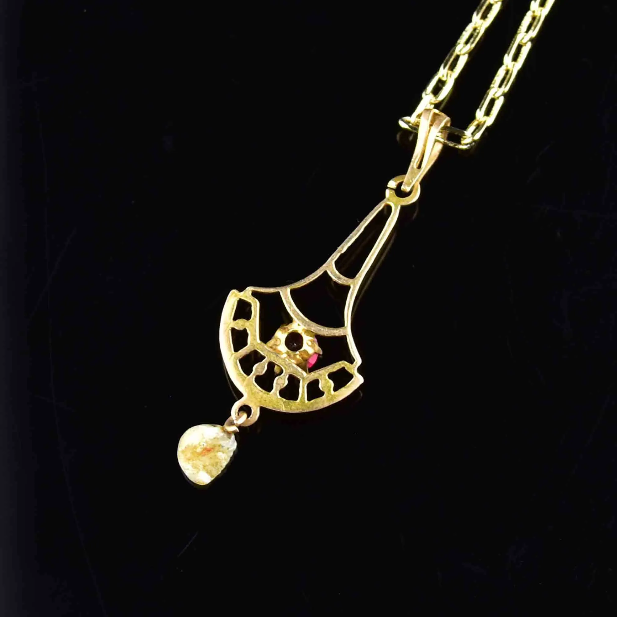 Antique 10K Gold Garnet Seed Pearl Lavalier Pendant Necklace