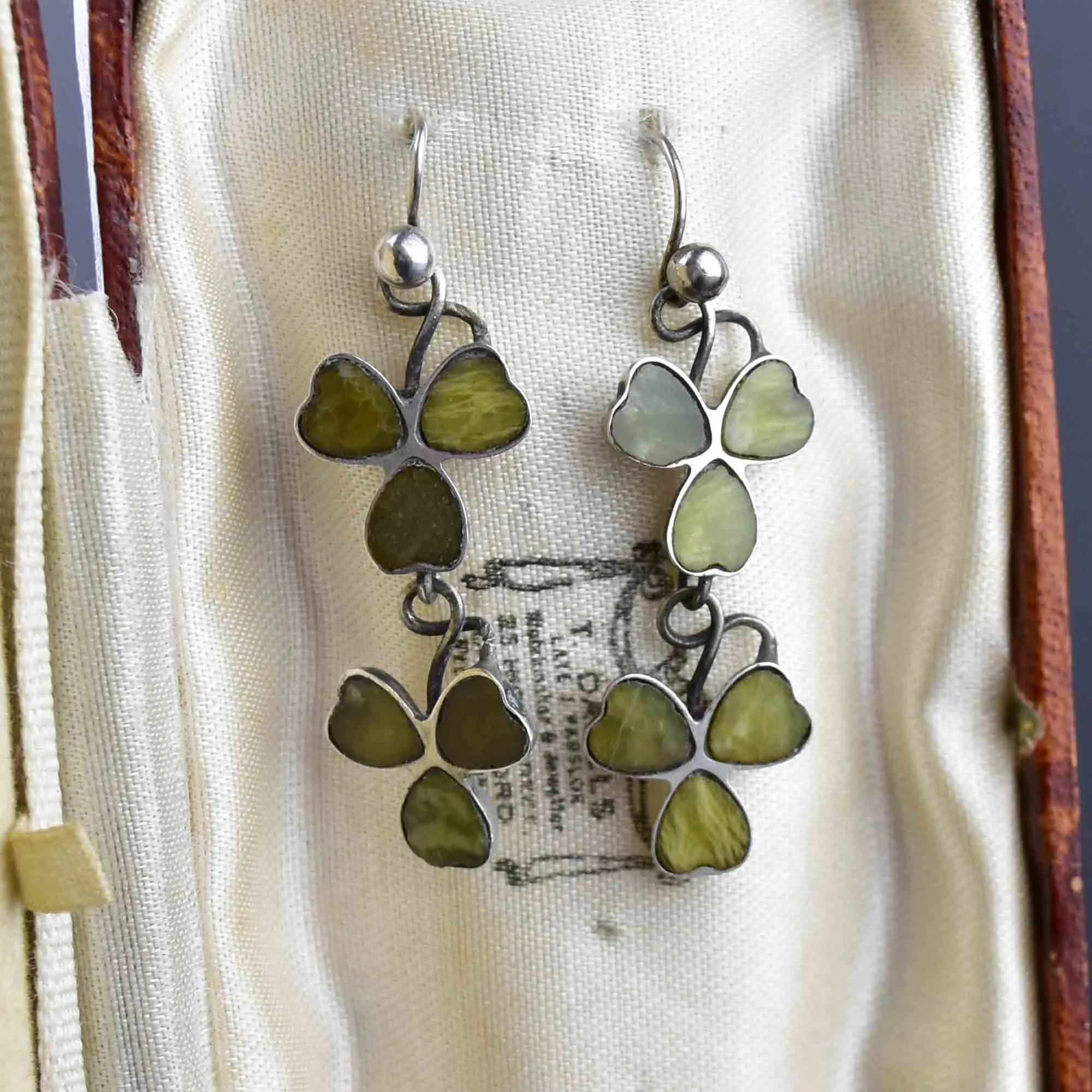 Antique Connemara Marble Silver Clover Earrings