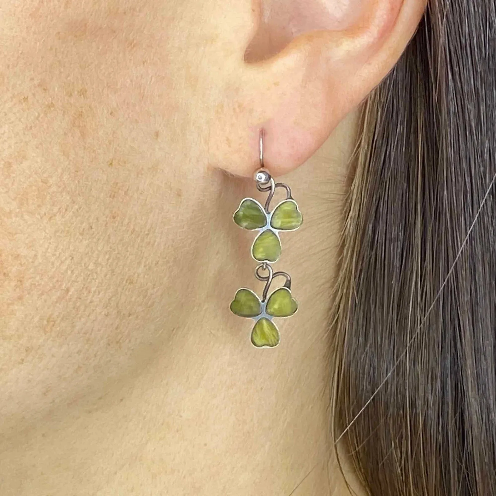 Antique Connemara Marble Silver Clover Earrings