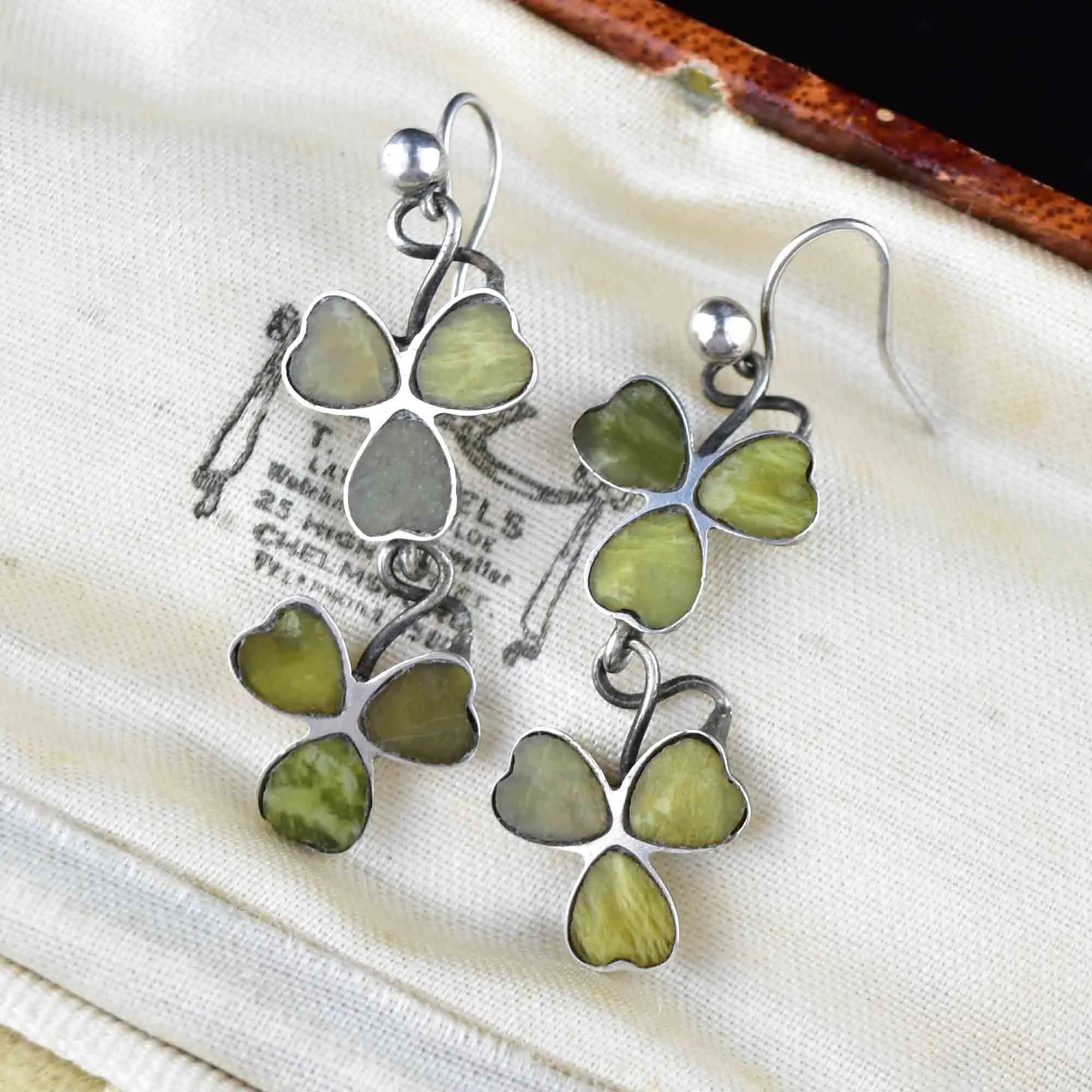 Antique Connemara Marble Silver Clover Earrings