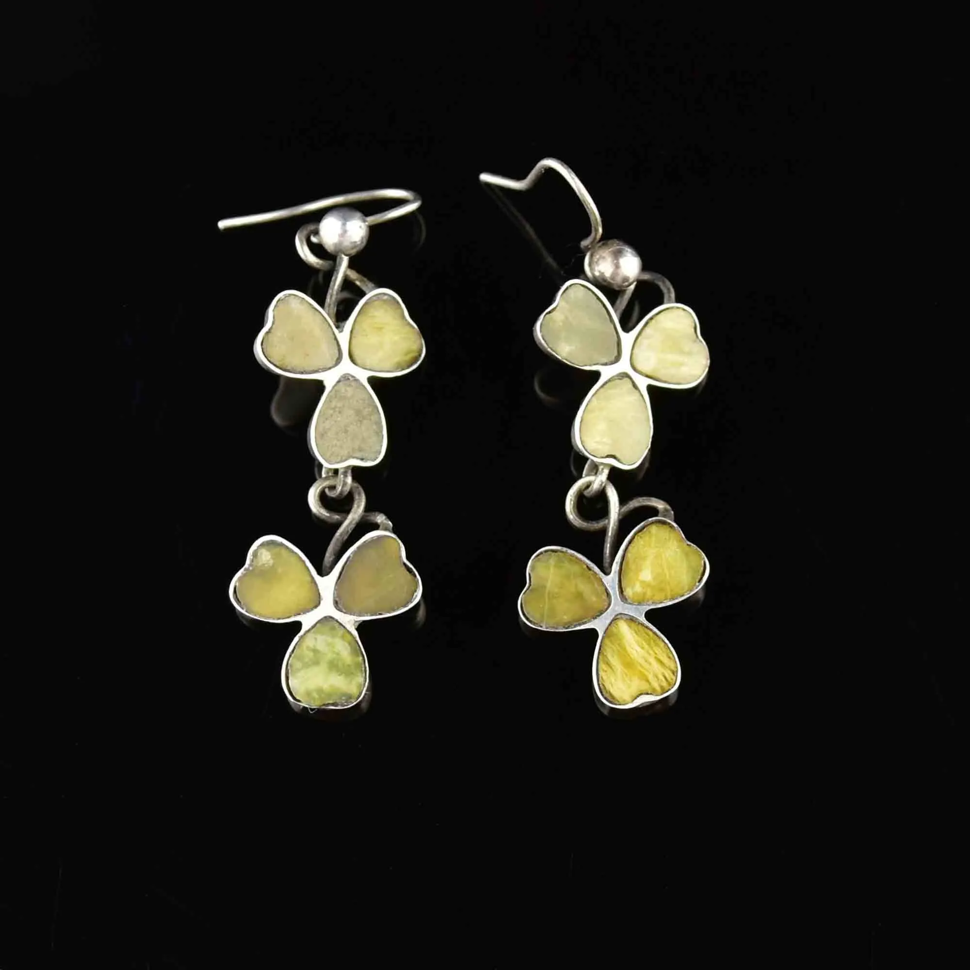 Antique Connemara Marble Silver Clover Earrings