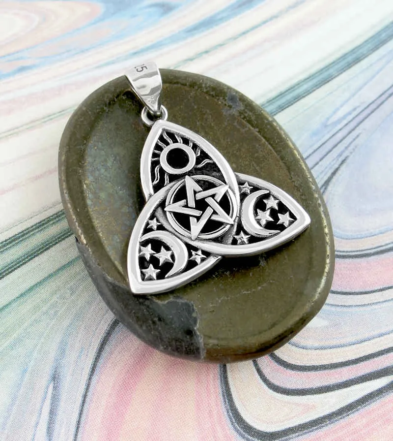 Celestial Triquetra With Pentacle, Sun, Crescent Moons & Stars Pendant