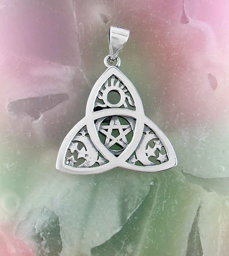 Celestial Triquetra With Pentacle, Sun, Crescent Moons & Stars Pendant