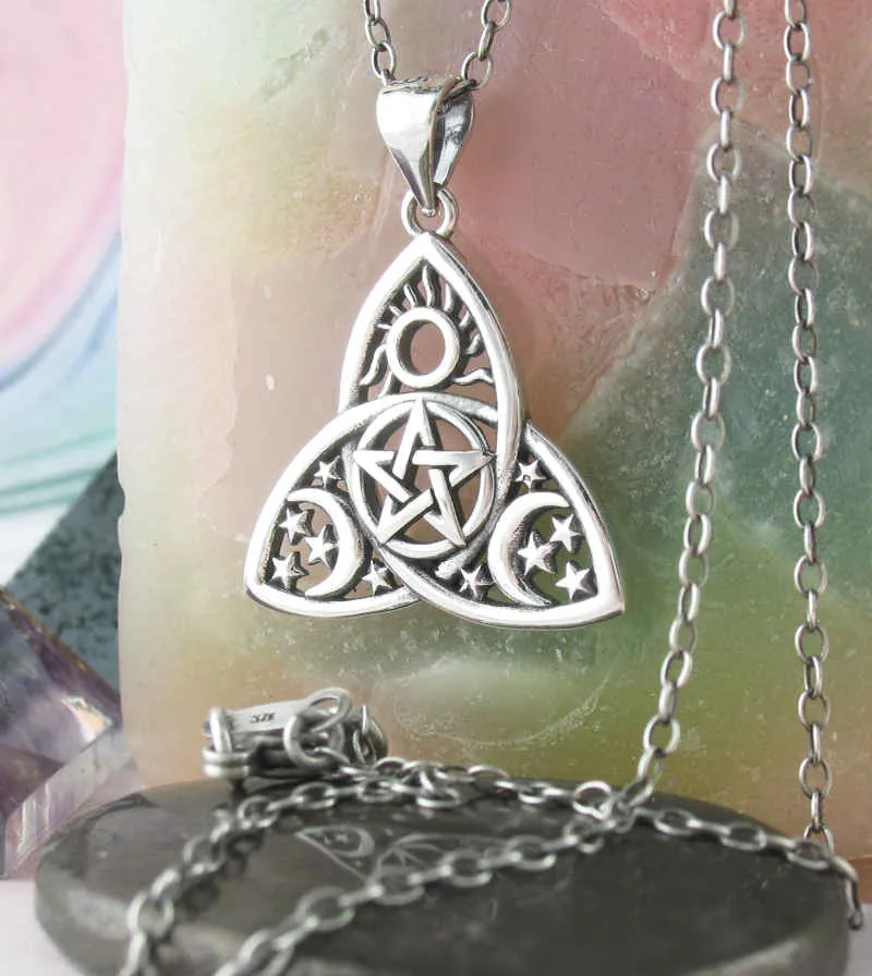 Celestial Triquetra With Pentacle, Sun, Crescent Moons & Stars Pendant