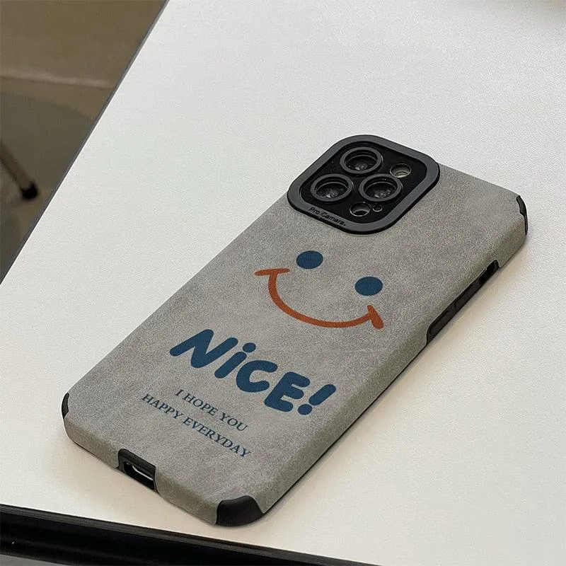 Cute Smiley Leather Phone Case for iPhone 12, 13 Mini, 11, 14 Pro, XS Max, X, XR, 6, 6s, 7, 8 Plus, SE 3, 2022, 11 Pro - Gray