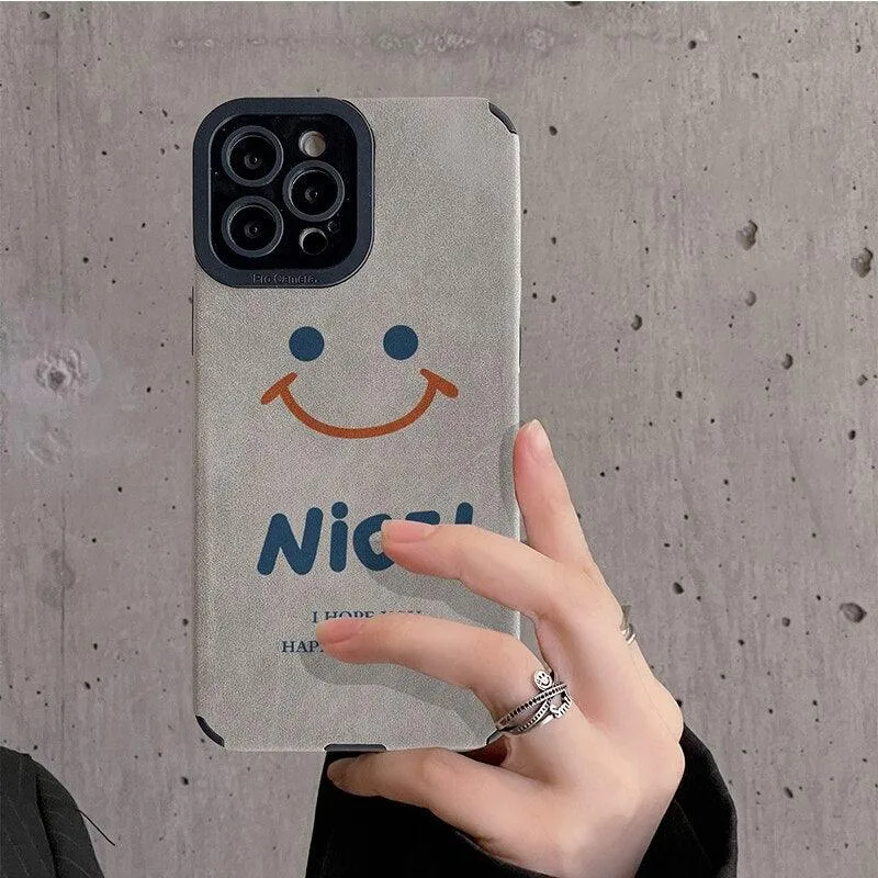 Cute Smiley Leather Phone Case for iPhone 12, 13 Mini, 11, 14 Pro, XS Max, X, XR, 6, 6s, 7, 8 Plus, SE 3, 2022, 11 Pro - Gray