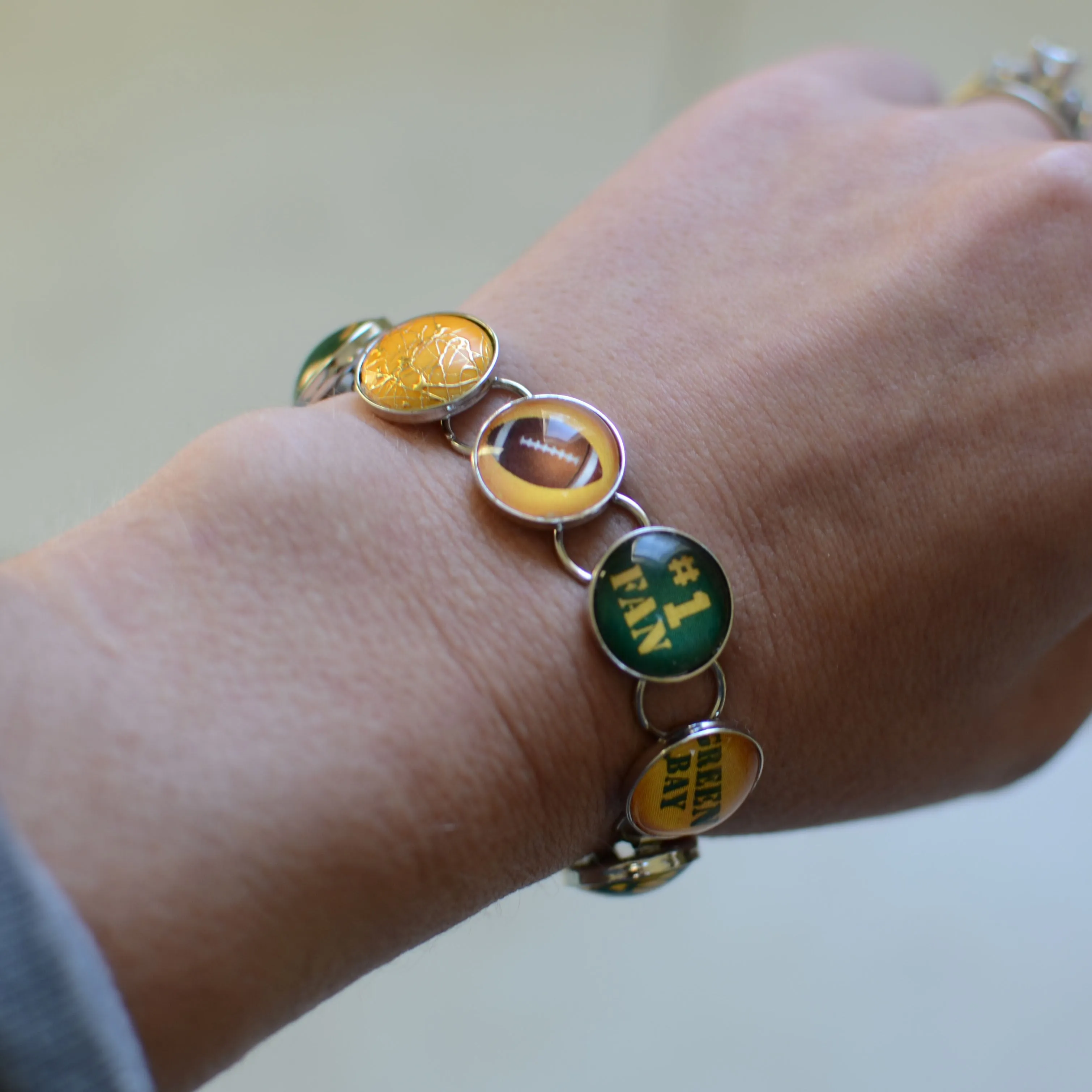 I Love the Green Bay Packers - Glass Charm Bracelet with Football Charm