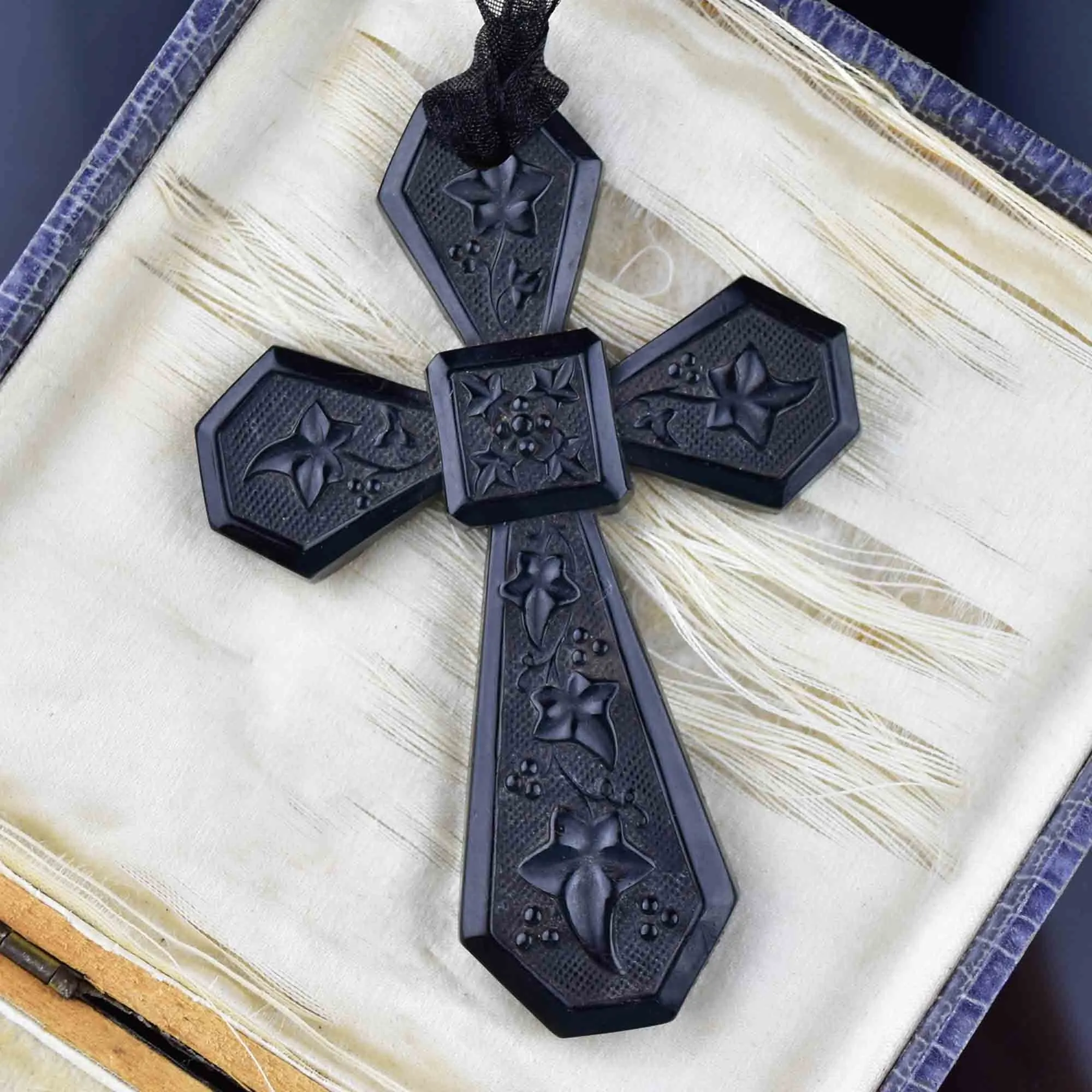 Large Victorian Vulcanite Ivy Leaf Cross Pendant Necklace