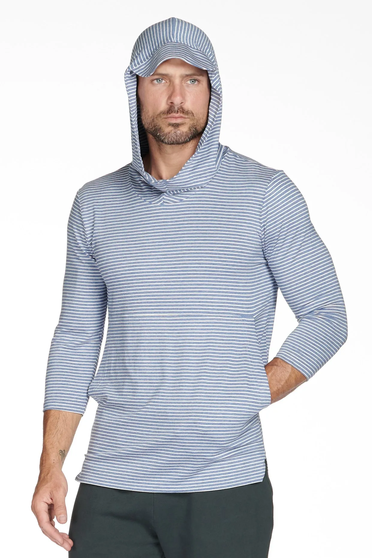 Men's 3/4 Sleeve Cowl Neck Visor Stripe Hoodie