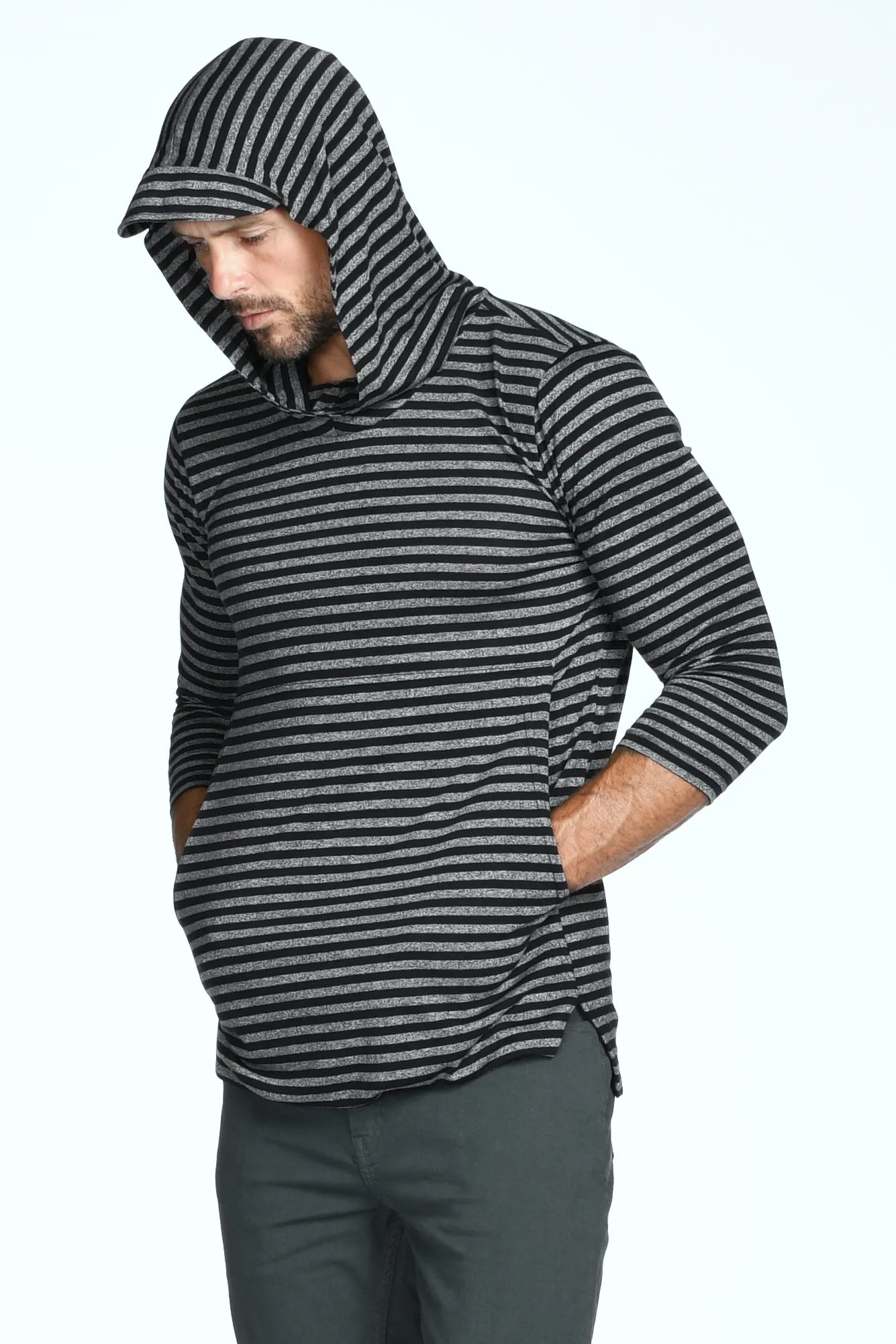 Men's 3/4 Sleeve Cowl Neck Visor Stripe Hoodie