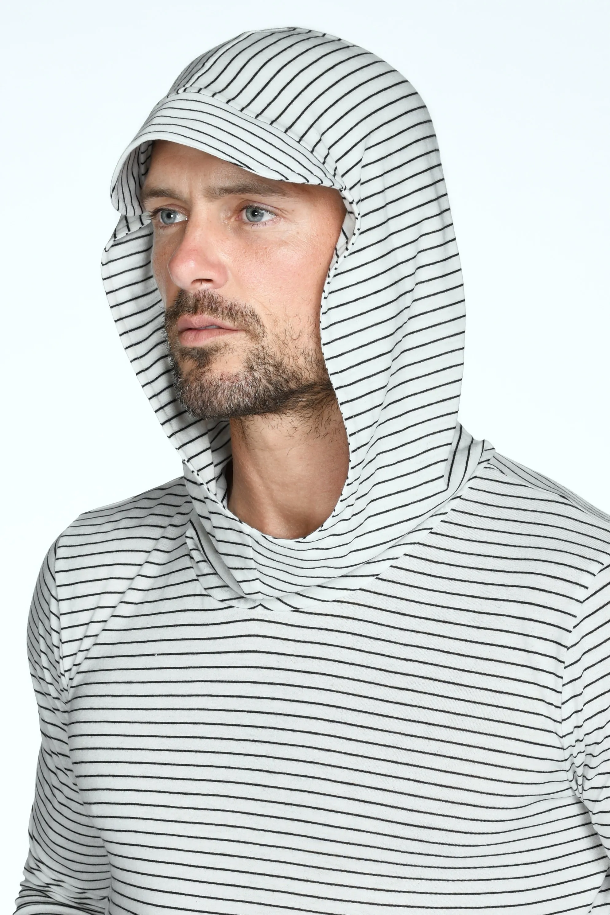 Men's 3/4 Sleeve Cowl Neck Visor Stripe Hoodie