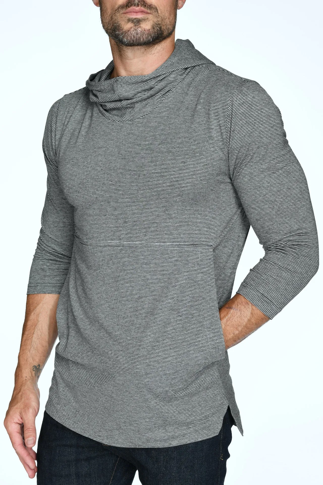 Men's 3/4 Sleeve Cowl Neck Visor Stripe Hoodie