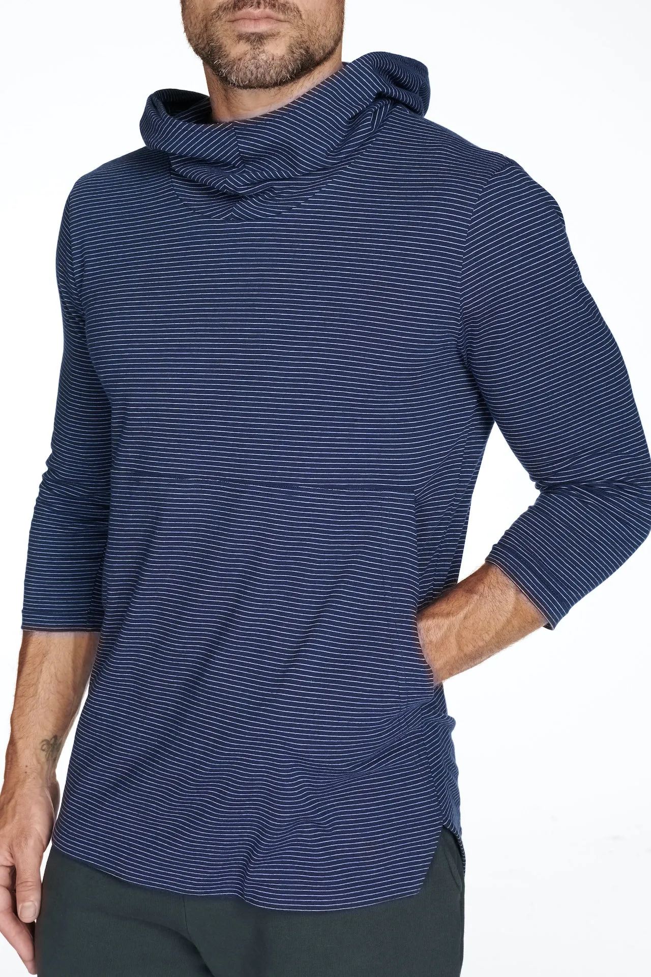 Men's 3/4 Sleeve Cowl Neck Visor Stripe Hoodie