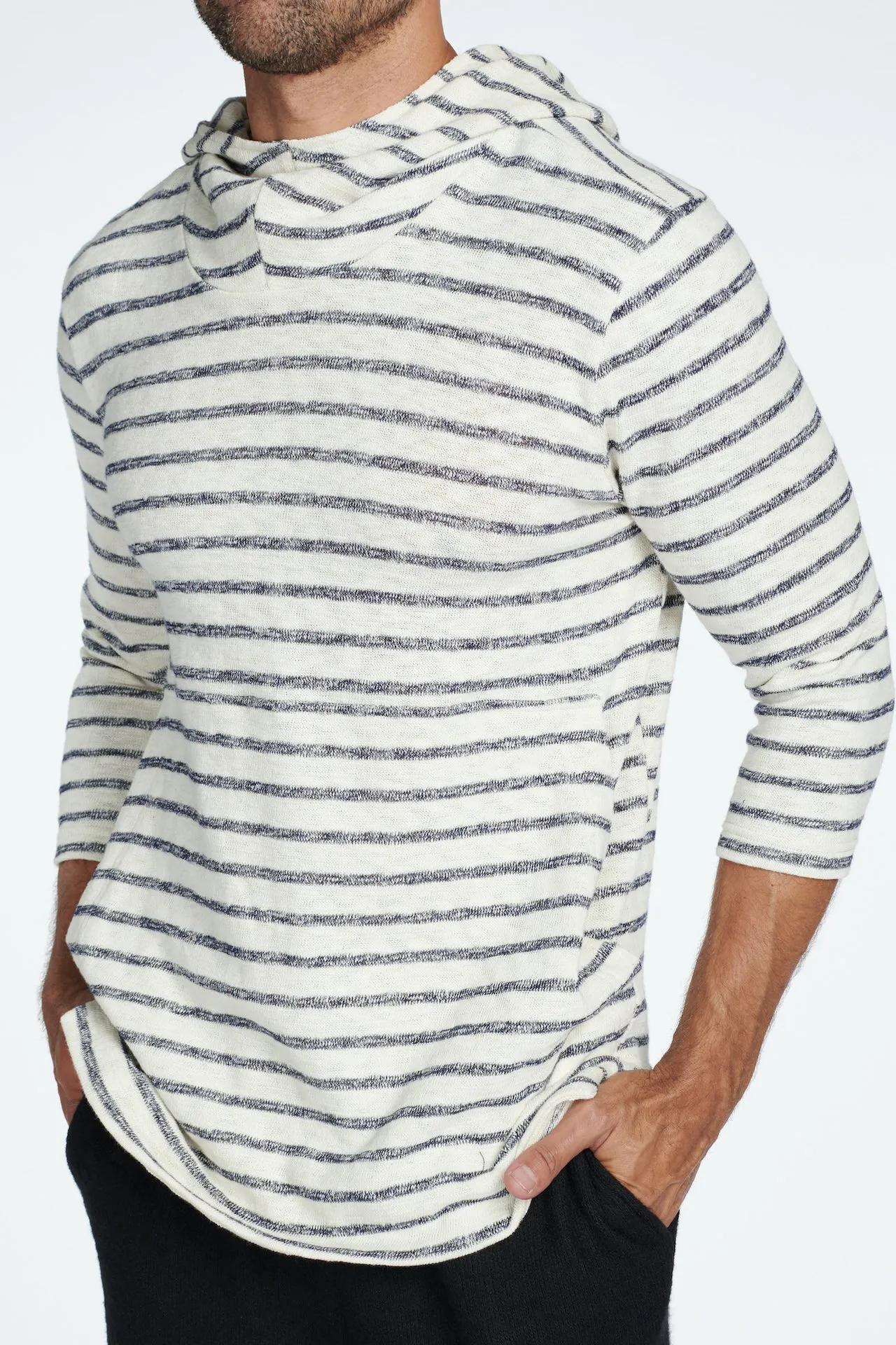 Men's Cambridge 3/4 Sleeve Cowl Neck Visor Hoodie Sweater -  Slub Jersey Navy/Cream Stripe