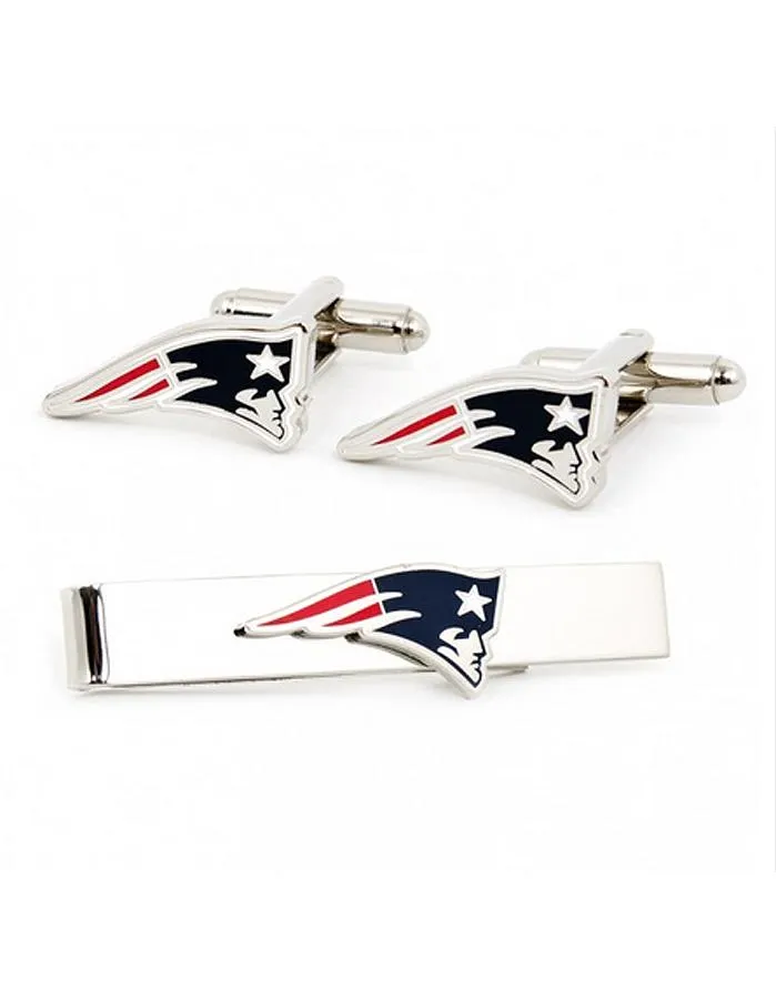 New England Patriots Cufflinks & Tie Bar Set - Rhodium Plated with Enamel Inlay