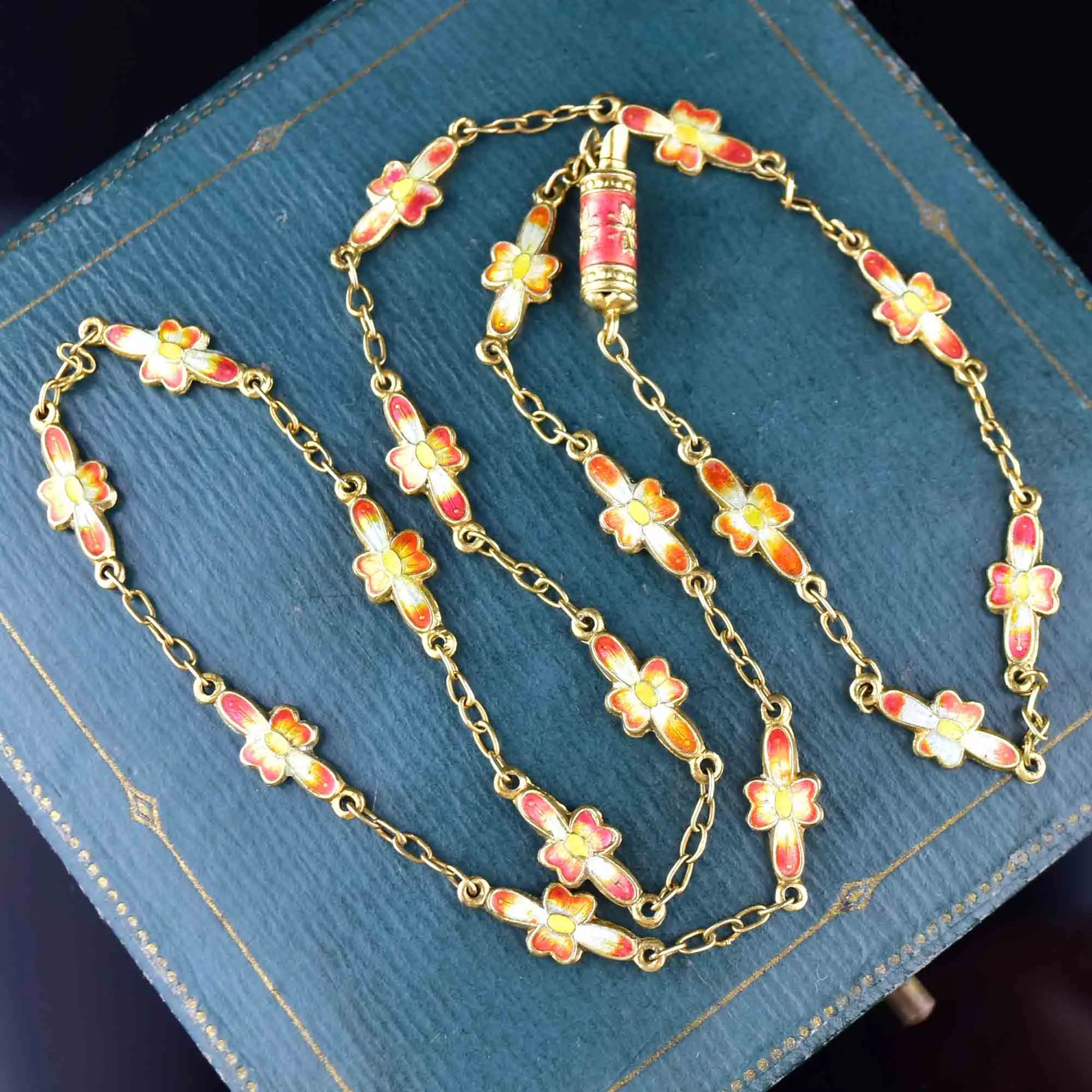 Orange Enamel Flower Chain Necklace