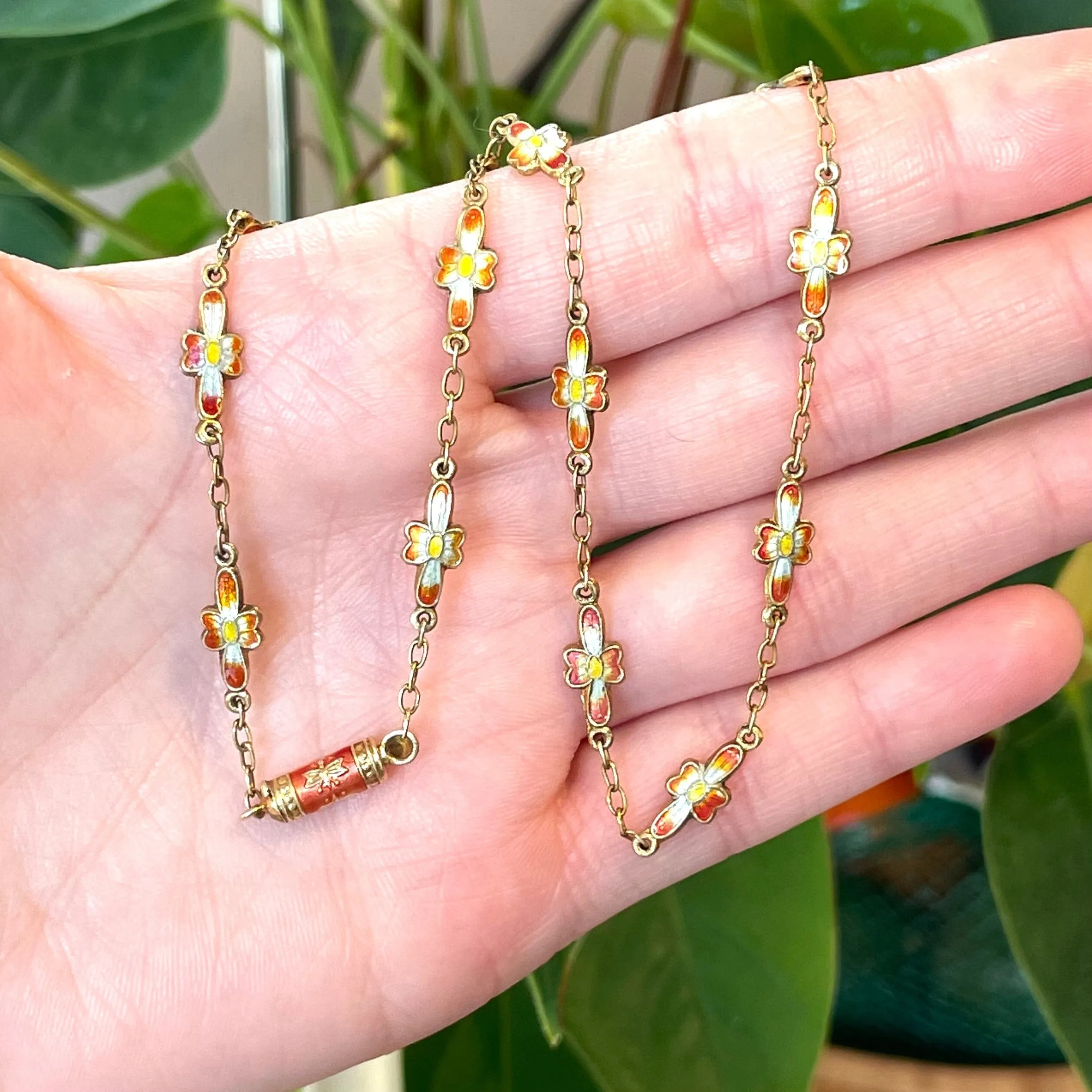 Orange Enamel Flower Chain Necklace