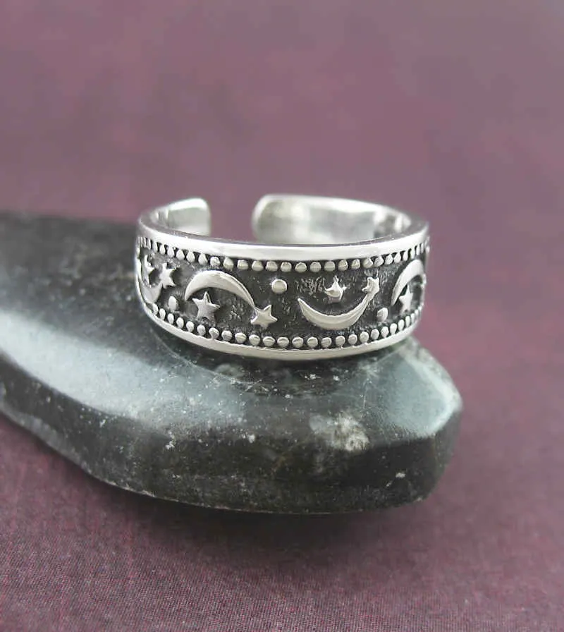 Shooting Stars Toe or Midi Oxidized Ring, Adjustable