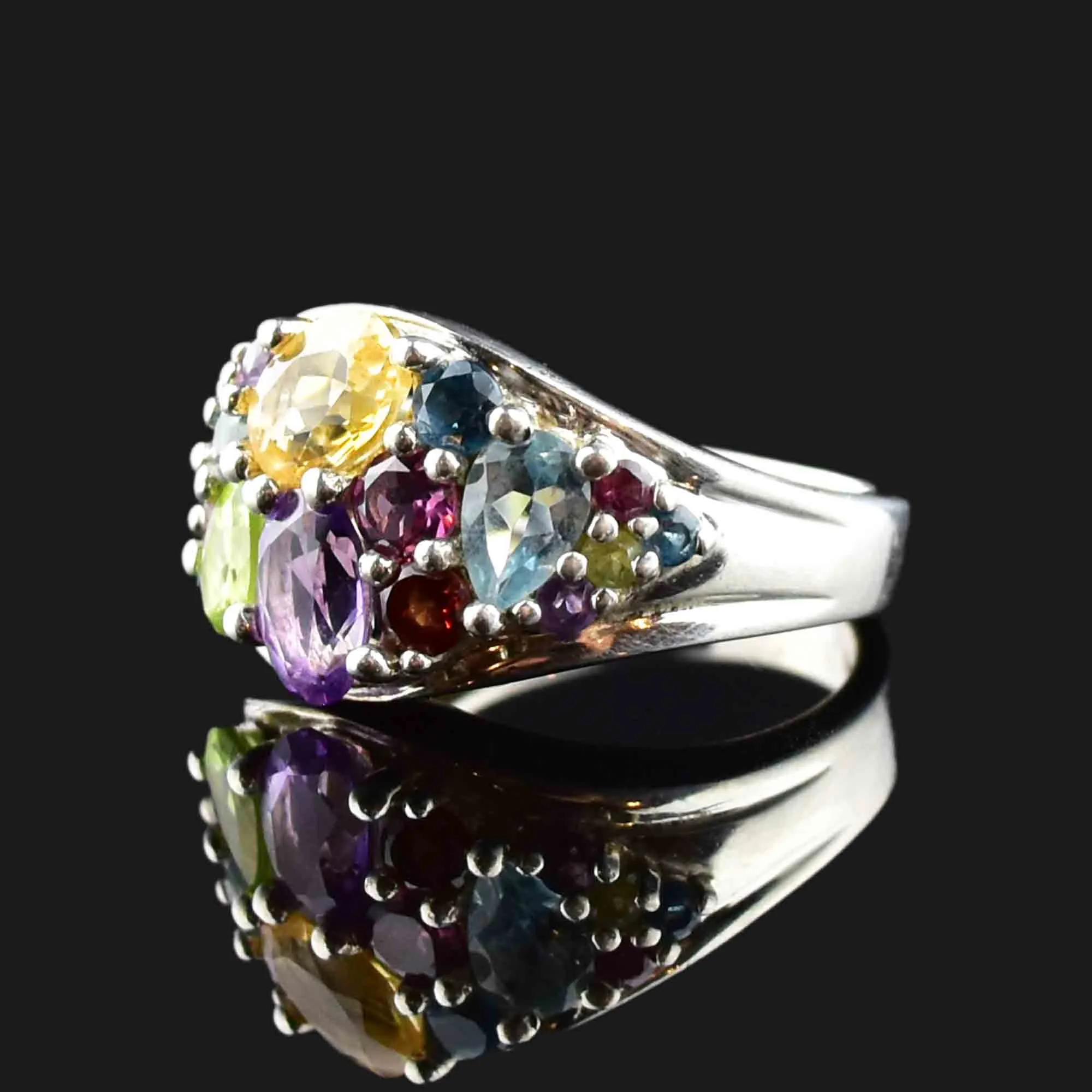 Silver Multi Gemstone Cluster Dinner Ring