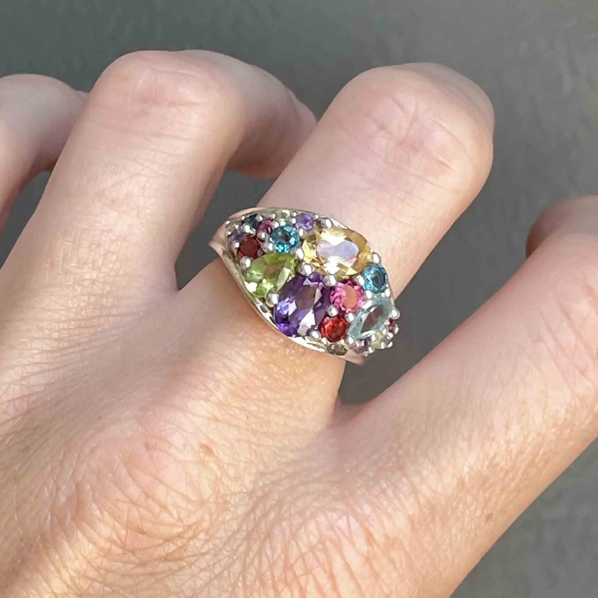 Silver Multi Gemstone Cluster Dinner Ring