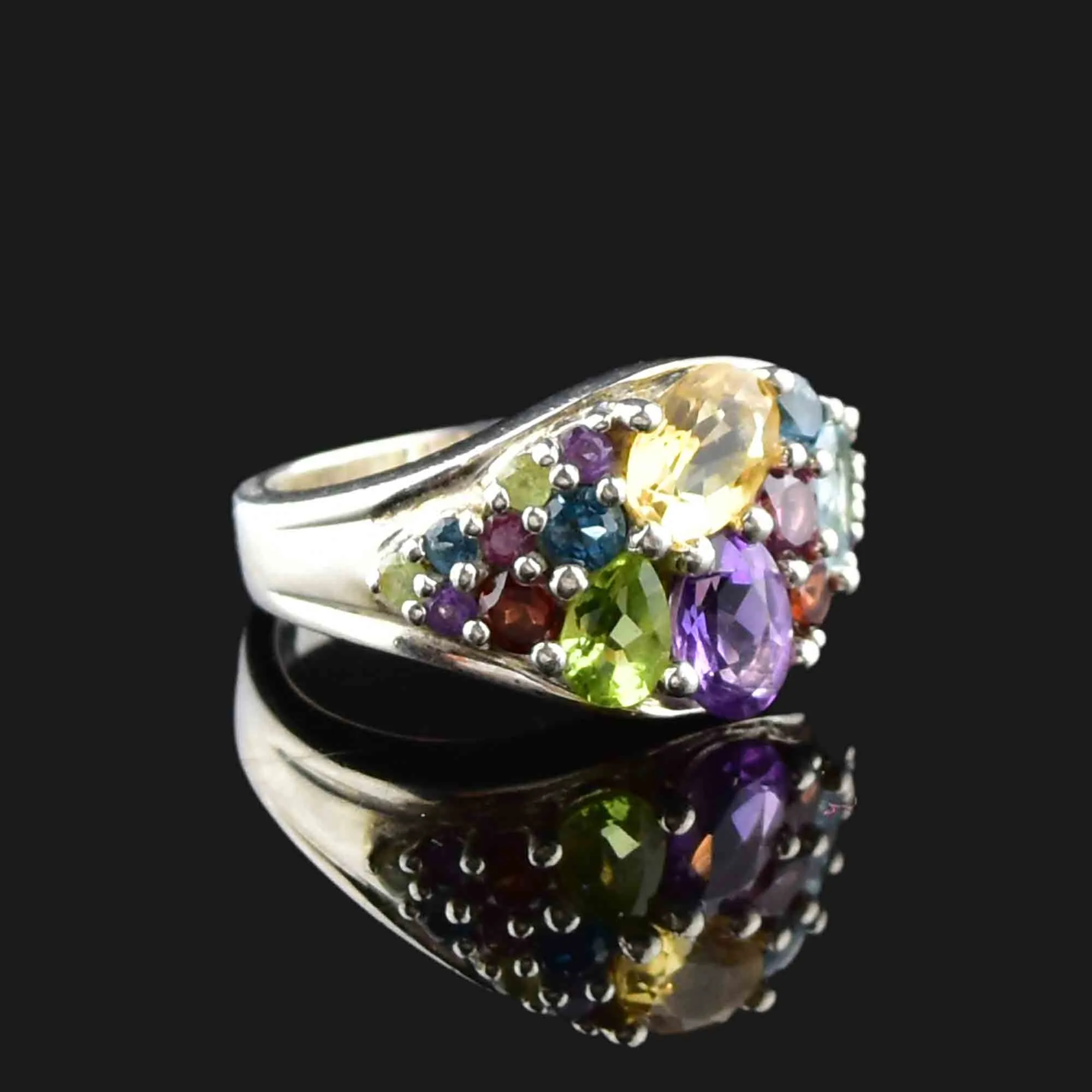 Silver Multi Gemstone Cluster Dinner Ring