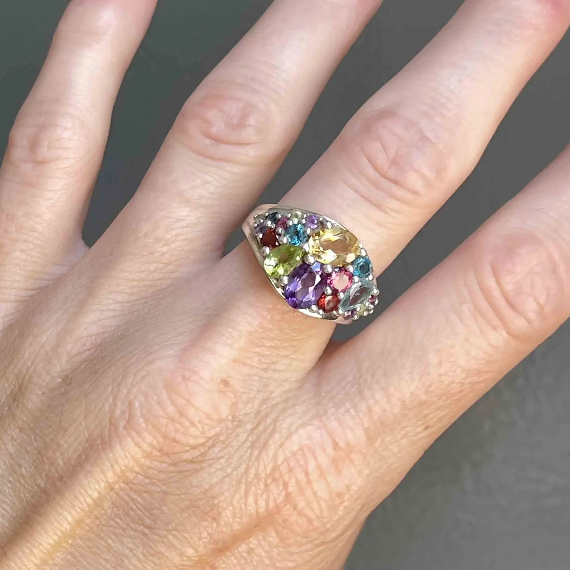 Silver Multi Gemstone Cluster Dinner Ring