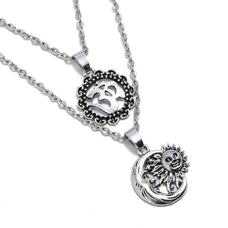 Silver Tone Sun & Moon & Hamsa Layered Necklace