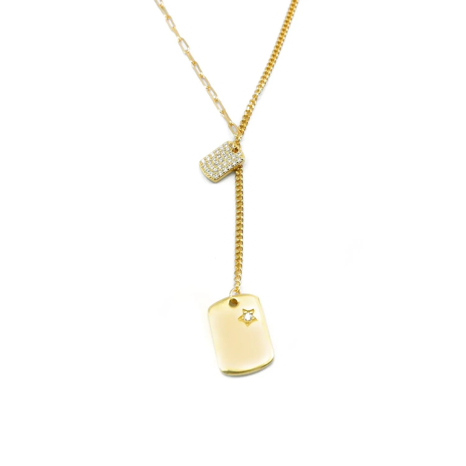 Small and Big Dogtag in Linked Curb and Elongated Chain Necklace