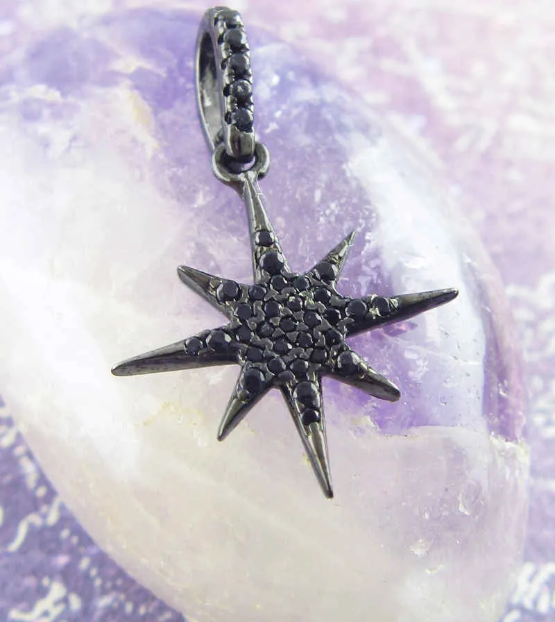 Small Black Starburst Star Pendant, Black Rhodium w/ Black CZ Crystals