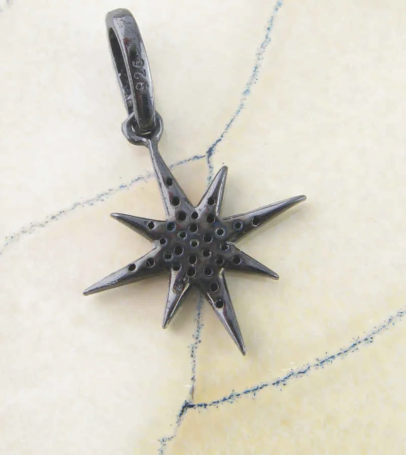 Small Black Starburst Star Pendant, Black Rhodium w/ Black CZ Crystals