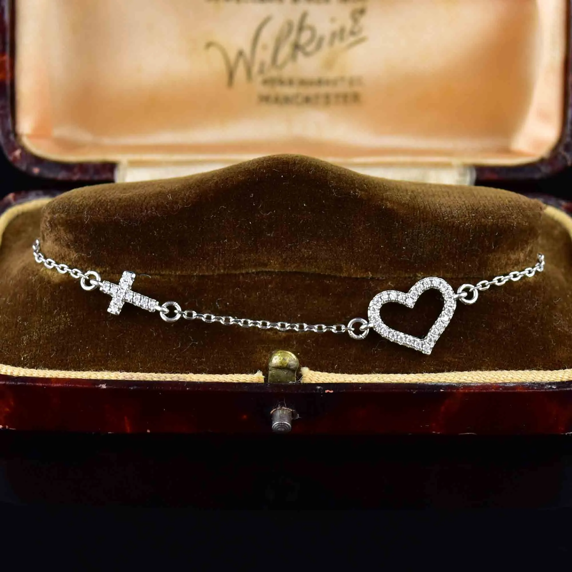 Sterling Silver Diamond Heart Cross Bracelet