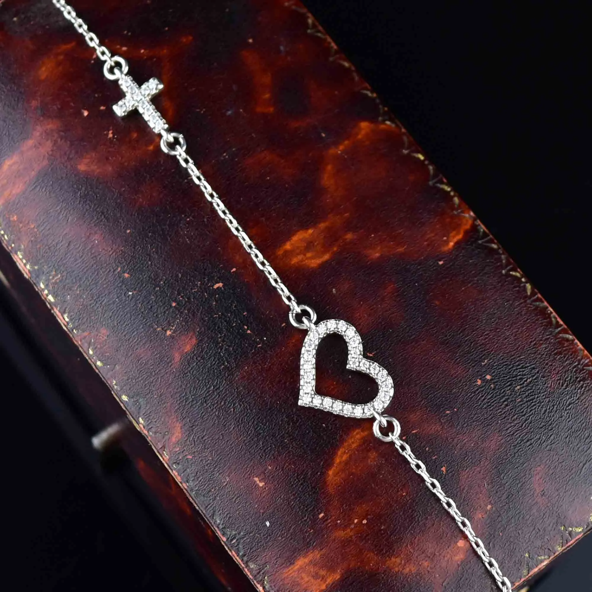 Sterling Silver Diamond Heart Cross Bracelet