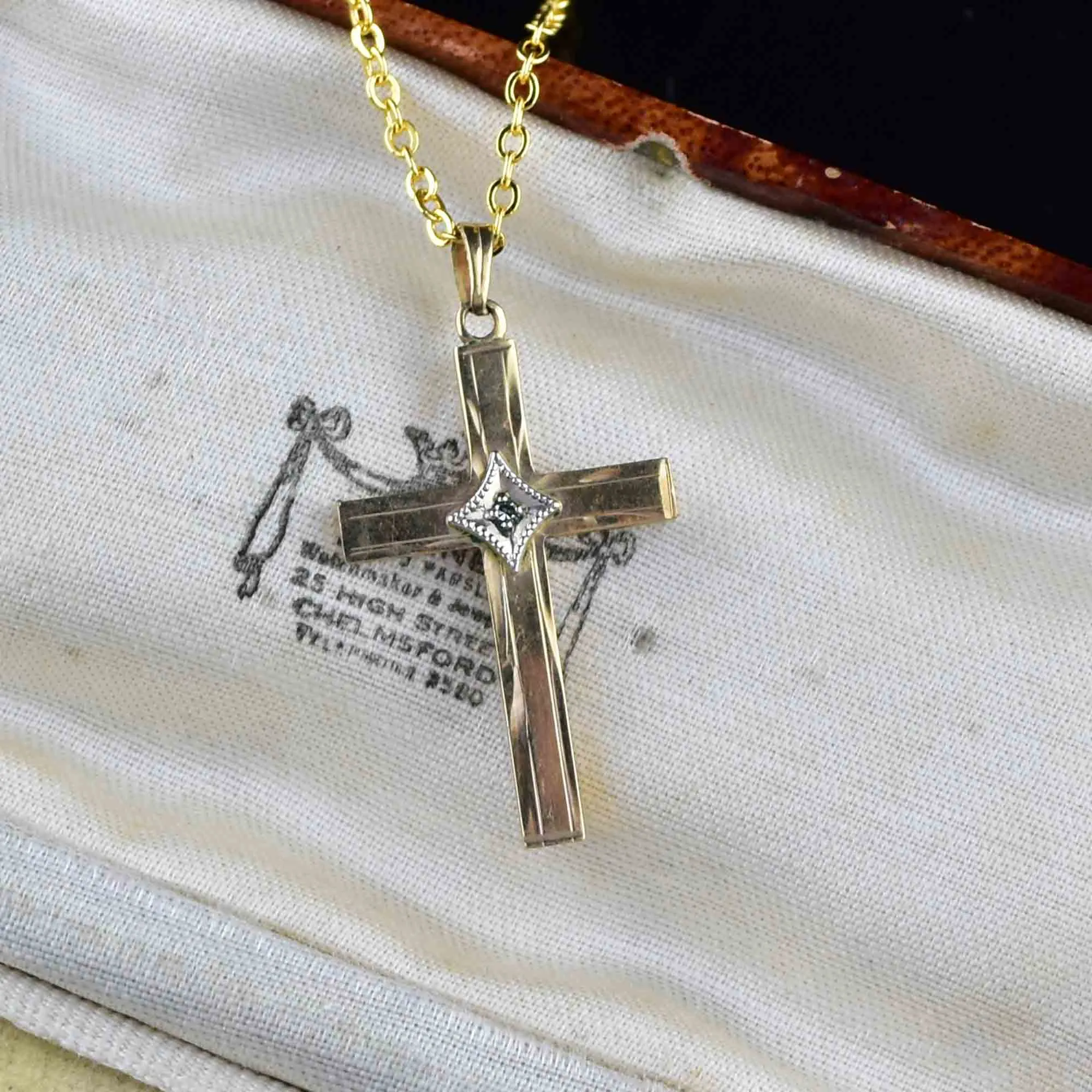 Vintage 10K Gold Diamond Cross Pendant Necklace