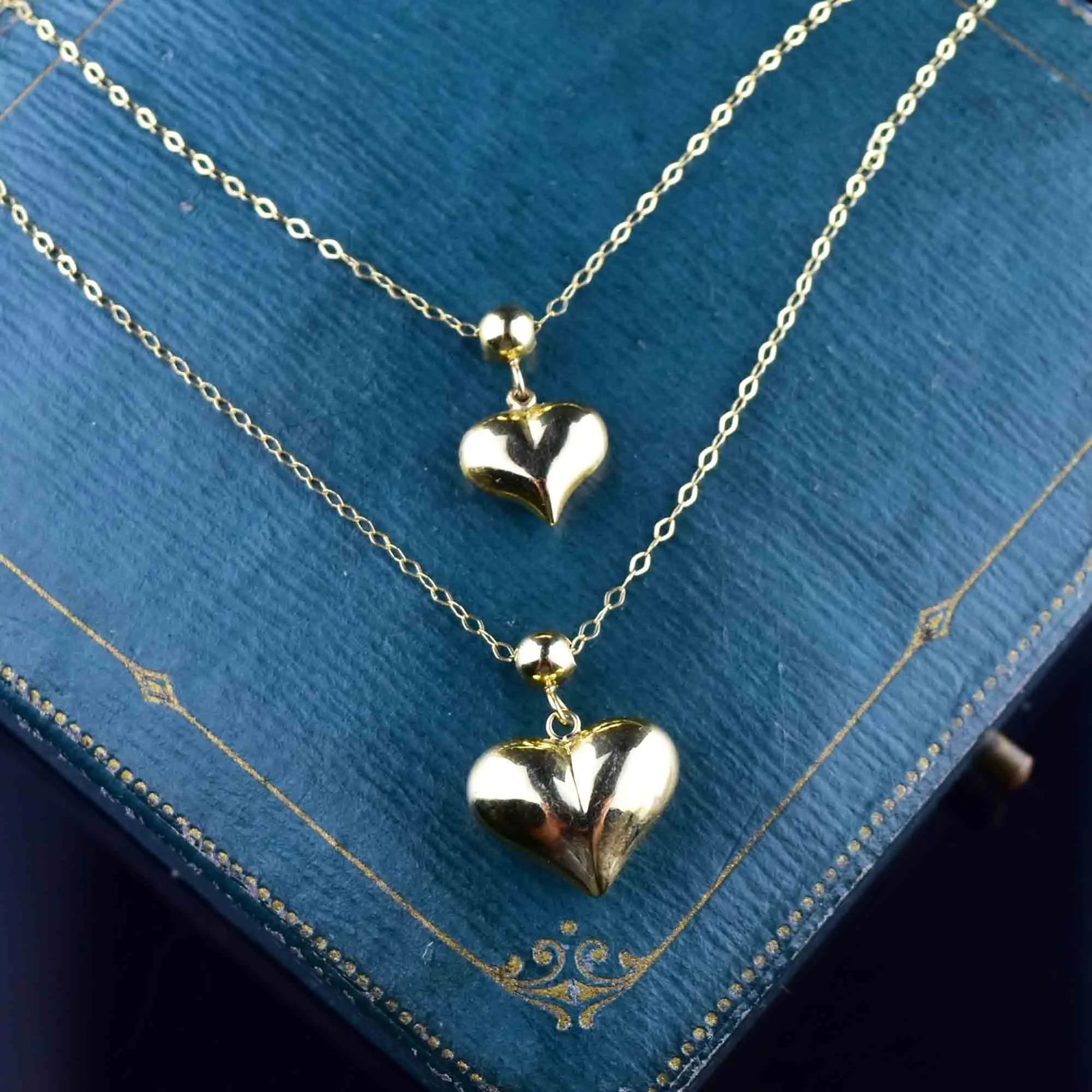 Vintage 10K Gold Double Puffy Heart Charm Necklace