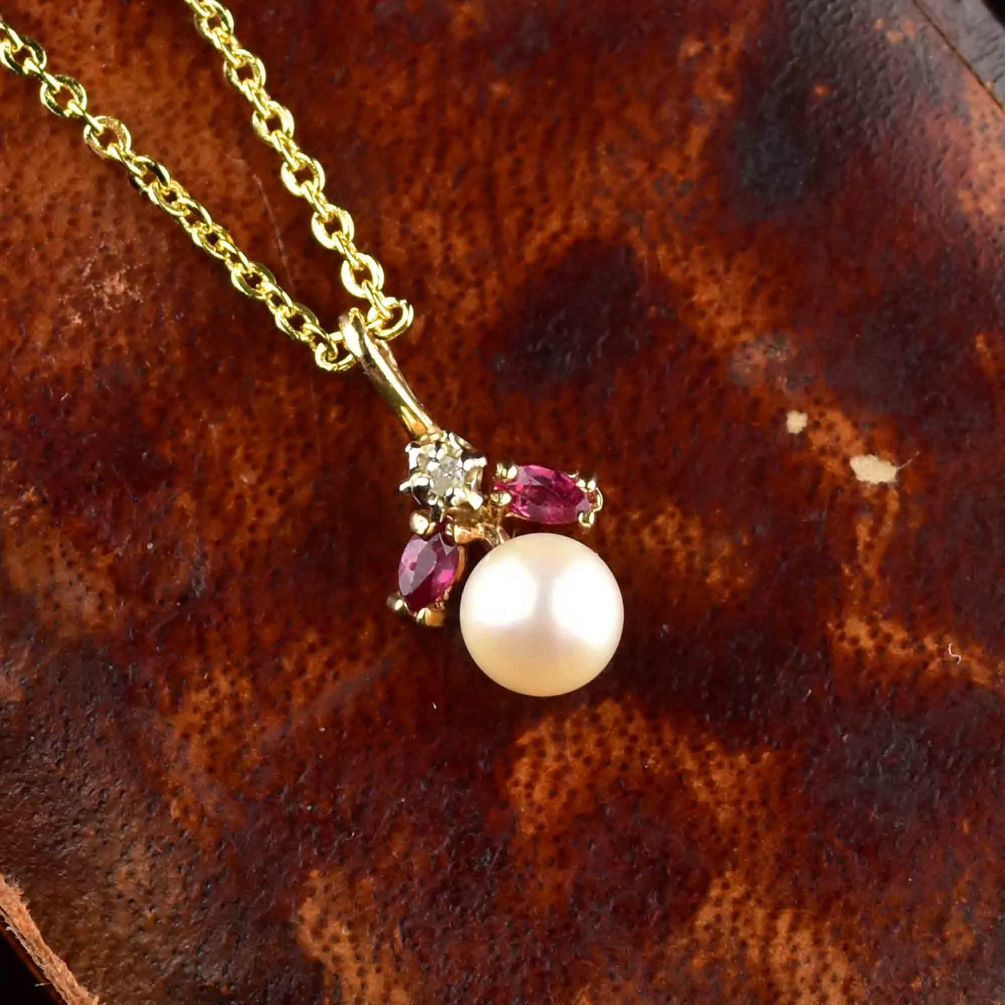 Vintage 14K Gold Pearl Ruby Diamond Pendant Necklace