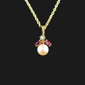 Vintage 14K Gold Pearl Ruby Diamond Pendant Necklace