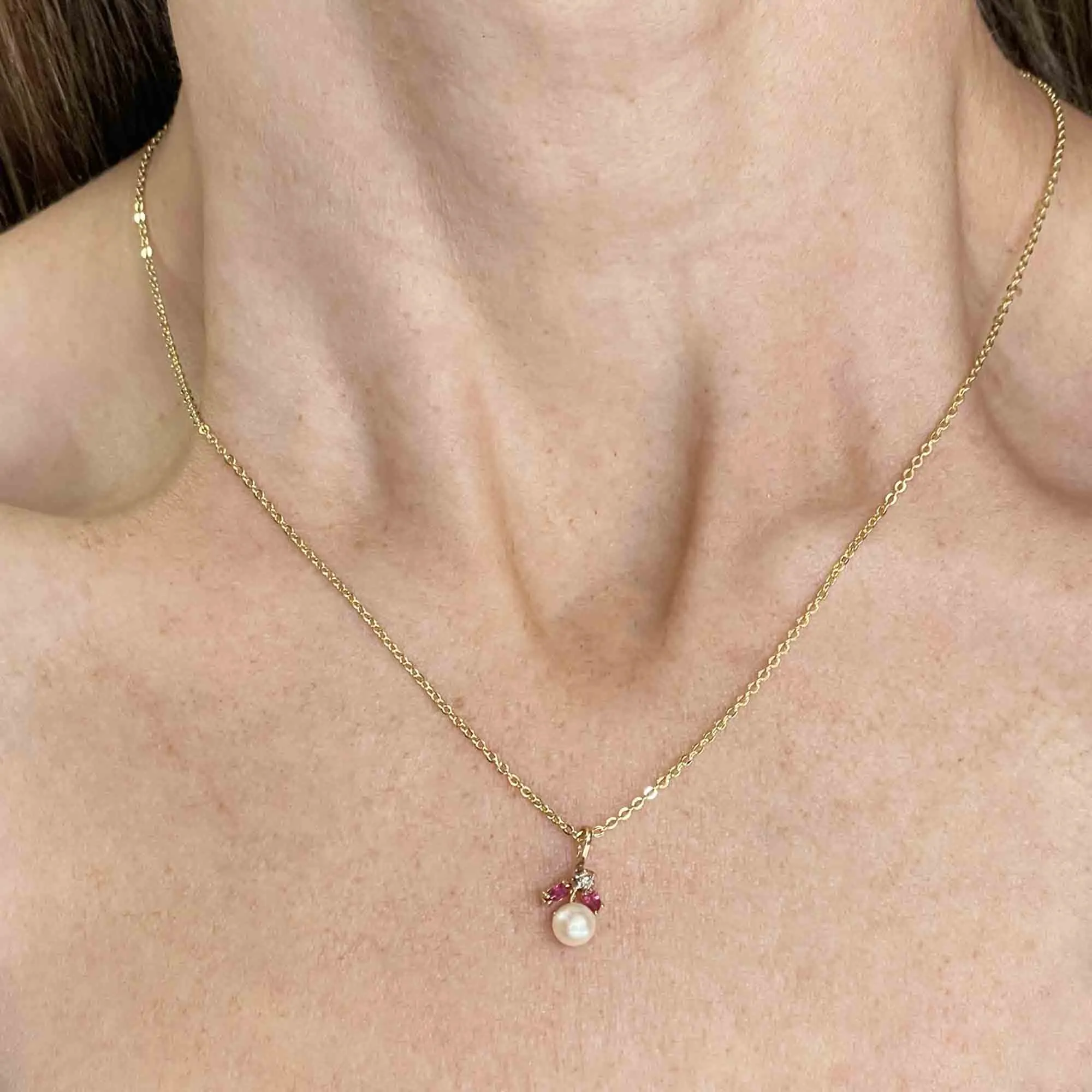 Vintage 14K Gold Pearl Ruby Diamond Pendant Necklace