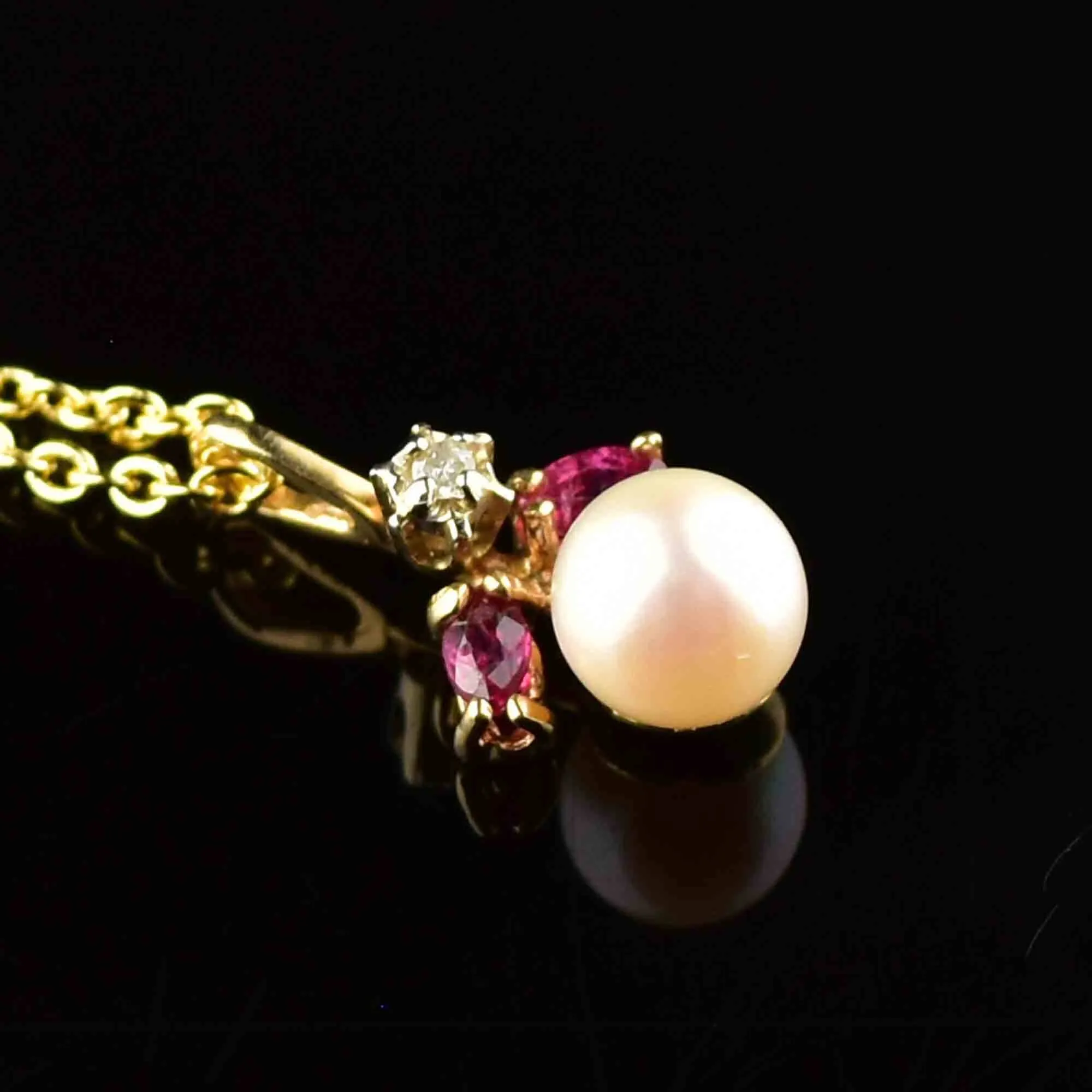 Vintage 14K Gold Pearl Ruby Diamond Pendant Necklace