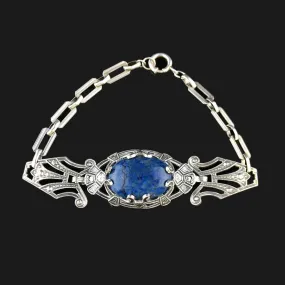 Vintage Art Deco Silver Lapis Lazuli Marcasite Chain Bracelet