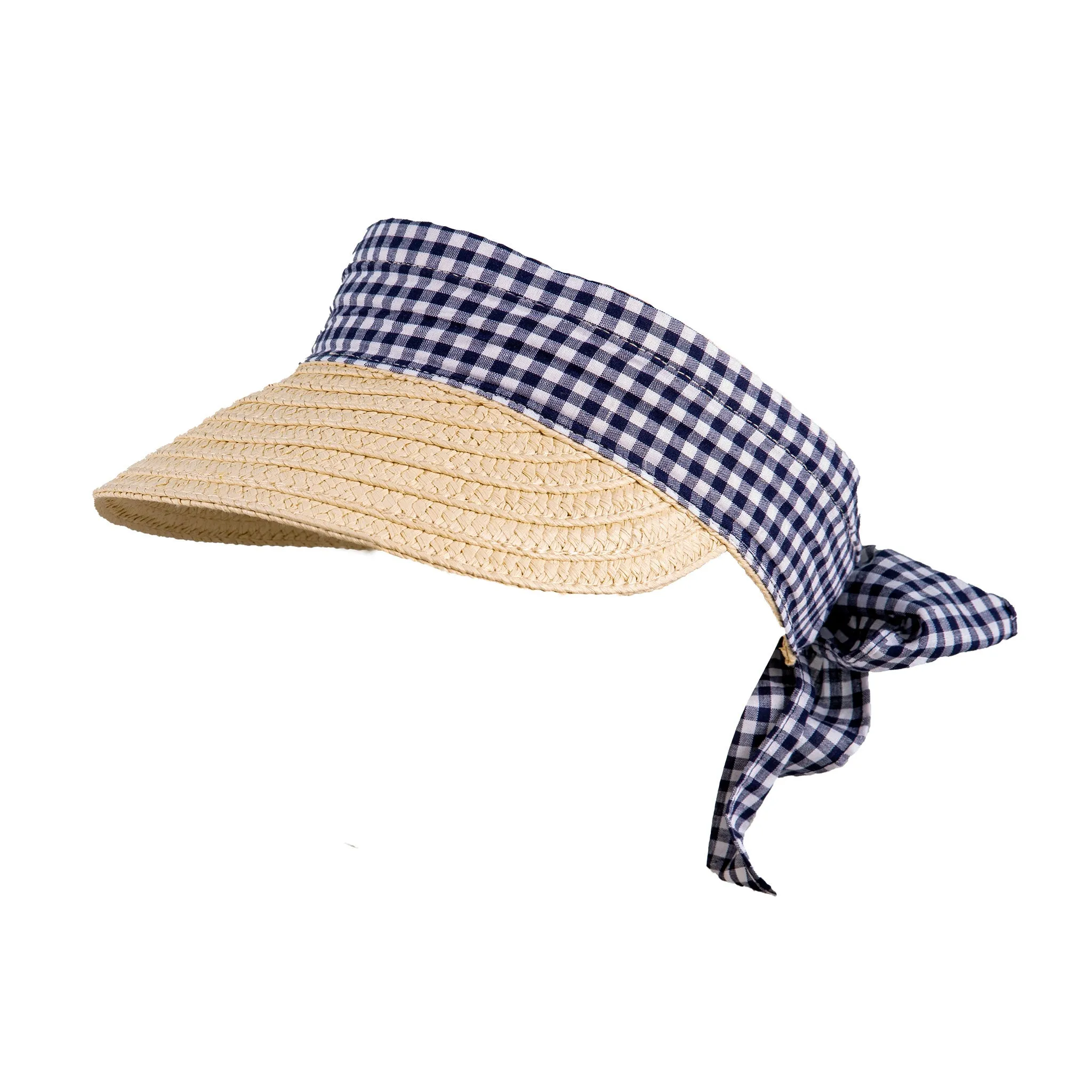 Women’s Straw Sun Visor with Gingham Ribbon Band and Tie